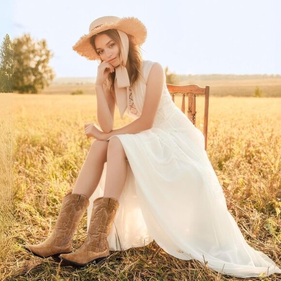 🆕Tan Faux Leather Wide Calf Cowgirl Cowboy Boots for Women Western Fashion Shoe - Picture 2 of 8